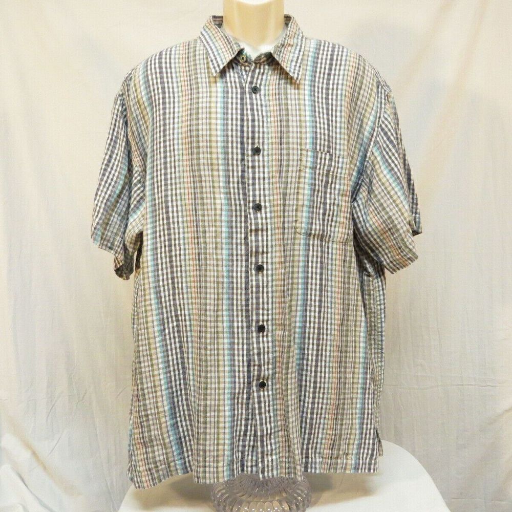 Vintage Linen Circa 1969 Gray, White, Brown, Red and Green Plaid Shirt Size XXL